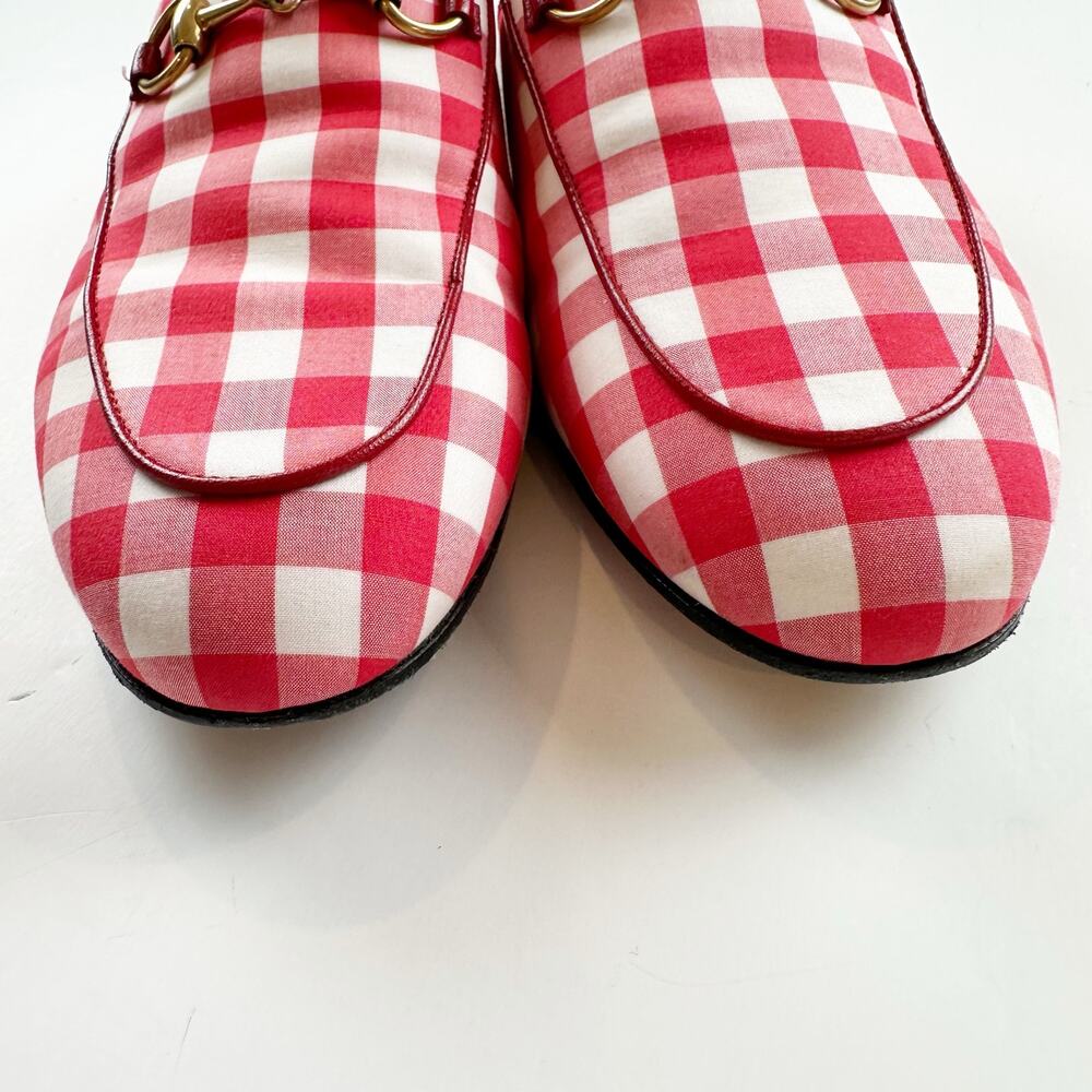Gucci Princetown Mule Red White Plaid Gold Horsebit Vichy Checkered Size 37 US 7 - Picture 4 of 14